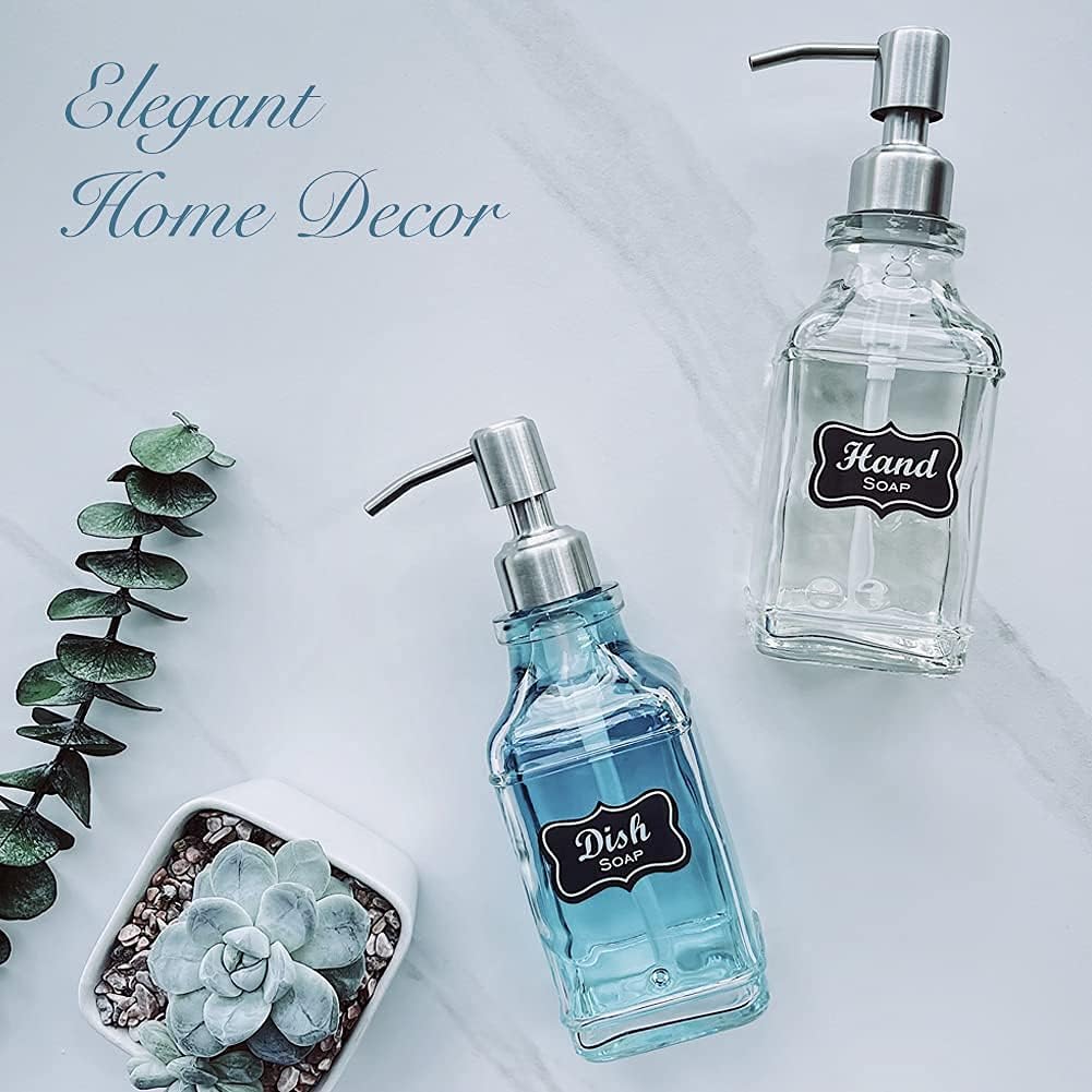 JASAI 2Pack Antique Design Glass Soap Dispenser with Rust Proof 304 Stainless Steel Pump, Refillable Hand Soap Dispenser with 10Pcs Stickers, Premium Soap Dispensers for Kitchen & Bathroom (Clear)