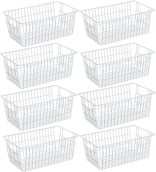 SANNO Freezer Baskets Pantry Storage Bins, Farmhouse Wire Storage Baskets Organizer Storage Bins Large Organizer Bins for Kitchen Organization Storage-Set of 8,White