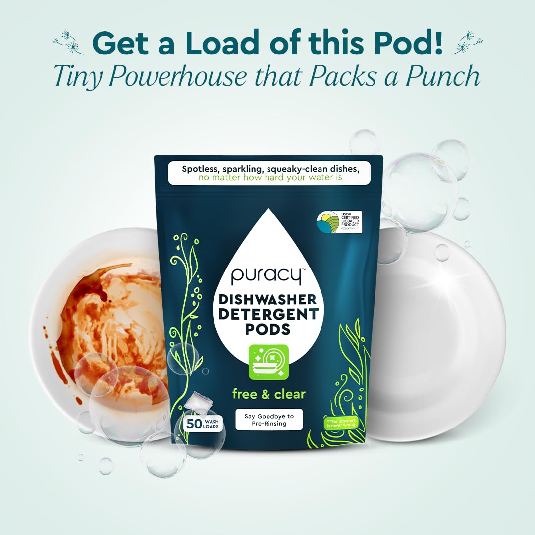 Puracy Dishwasher Pods, Natural Dishwasher Detergent, Free & Clear Dish tabs - Enzyme-Powered, Spot & Residue Free - TikTok Trend Items, Must Haves from TikTok Made Me Buy It (Free & Clear, 50 Count)