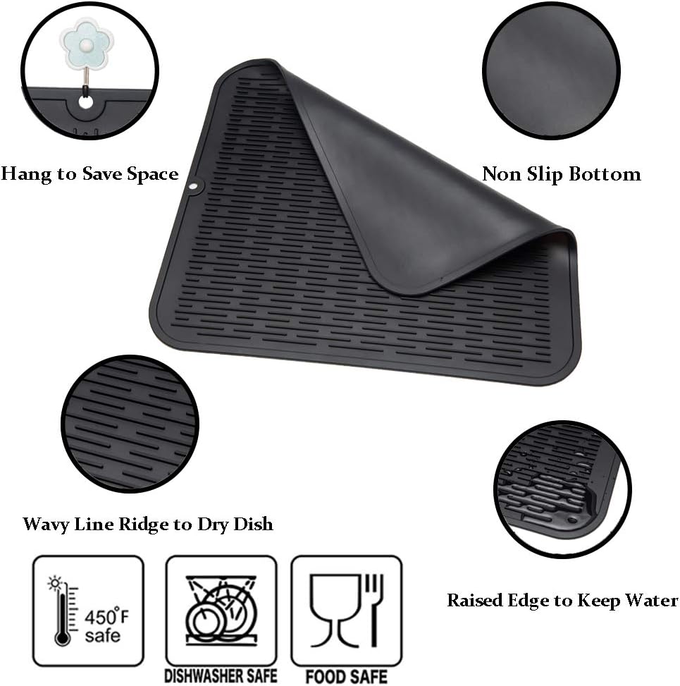 ZLR 2 Pcs Silicone Dish Drying Mats for Kitchen Counter, Eco-Friendly Fast Dry Dish Mat, Easy Clean Multi Usage Drying Matt, Heat Resistant Trivet, 16" x 18" XL, Black