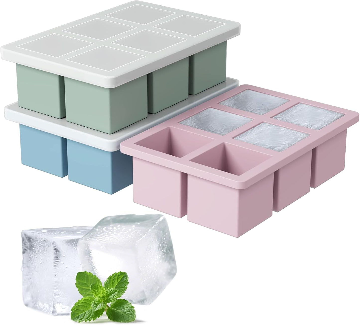 Large Silicone Ice Cube Tray 3Pack, SAWNZC Big Square Ice Cube Molds for Whisky Cocktail, Ice Maker Tray with Lid for Freezer, Easy Release (3, Blue+Green+Pink)