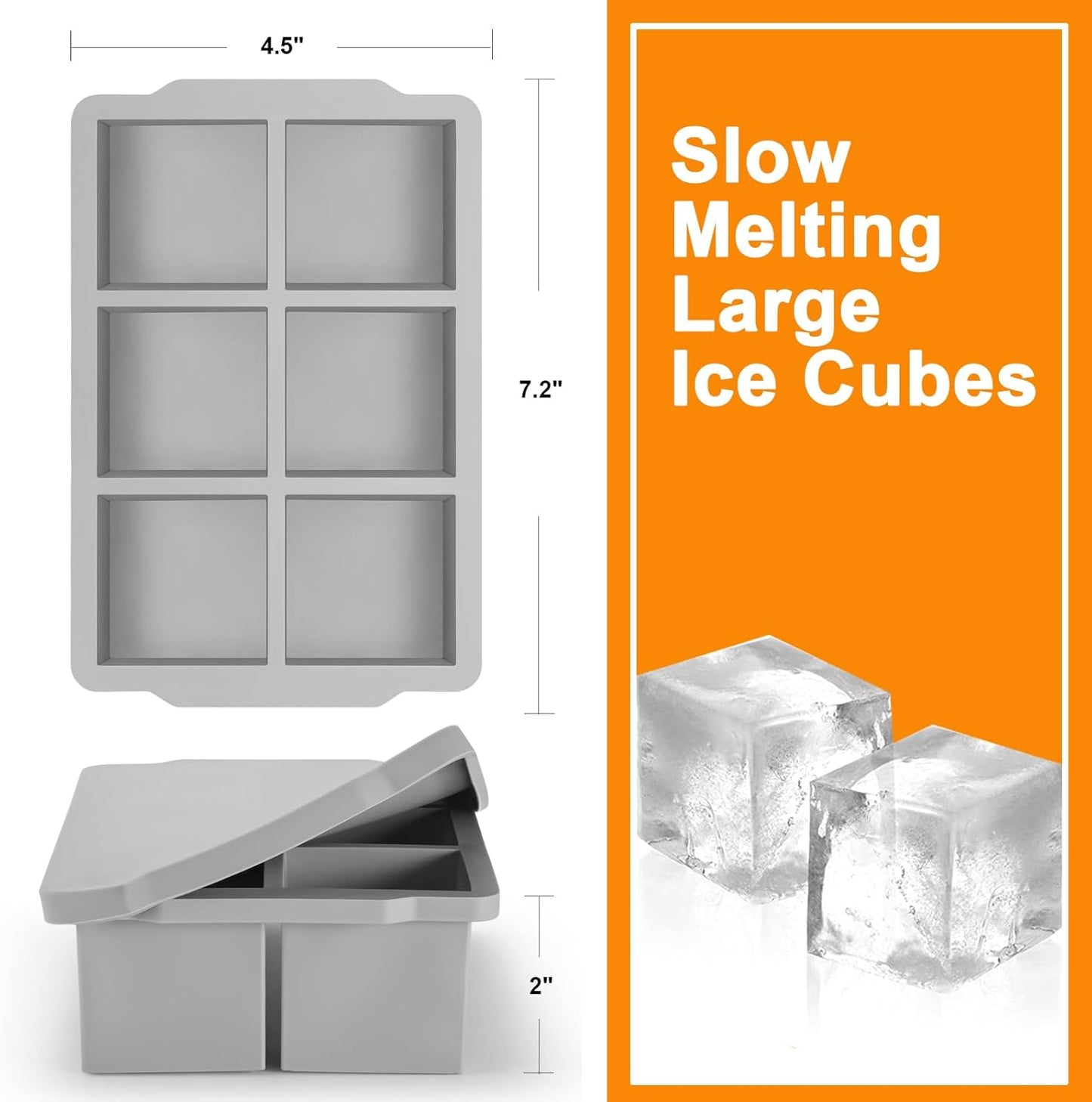 Nax Caki Large Ice Cube Tray with Lid Pack of 2, Stackable Big Silicone Square Ice Cube Mold for Whiskey Cocktails Bourbon Soups Frozen Treats, BPA Free