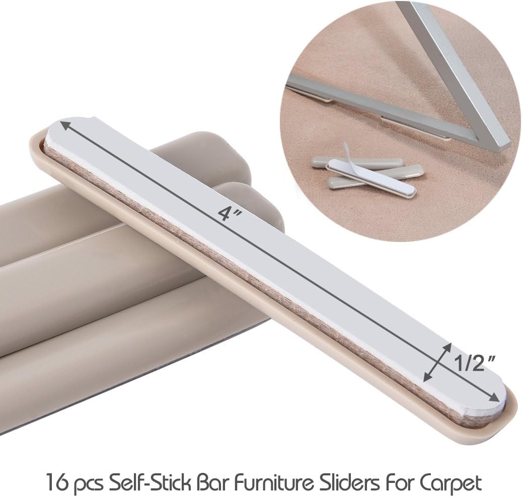 Ezprotekt 16 Pack Self-Stick Furniture Movers Sliders Strip for Carpet, 1/2 x 4 inch Rectangular Furniture Moving Pads, Self Adhesive Strip Sliders Gliders for Chair Table Desk Sofa Couch (Beige)