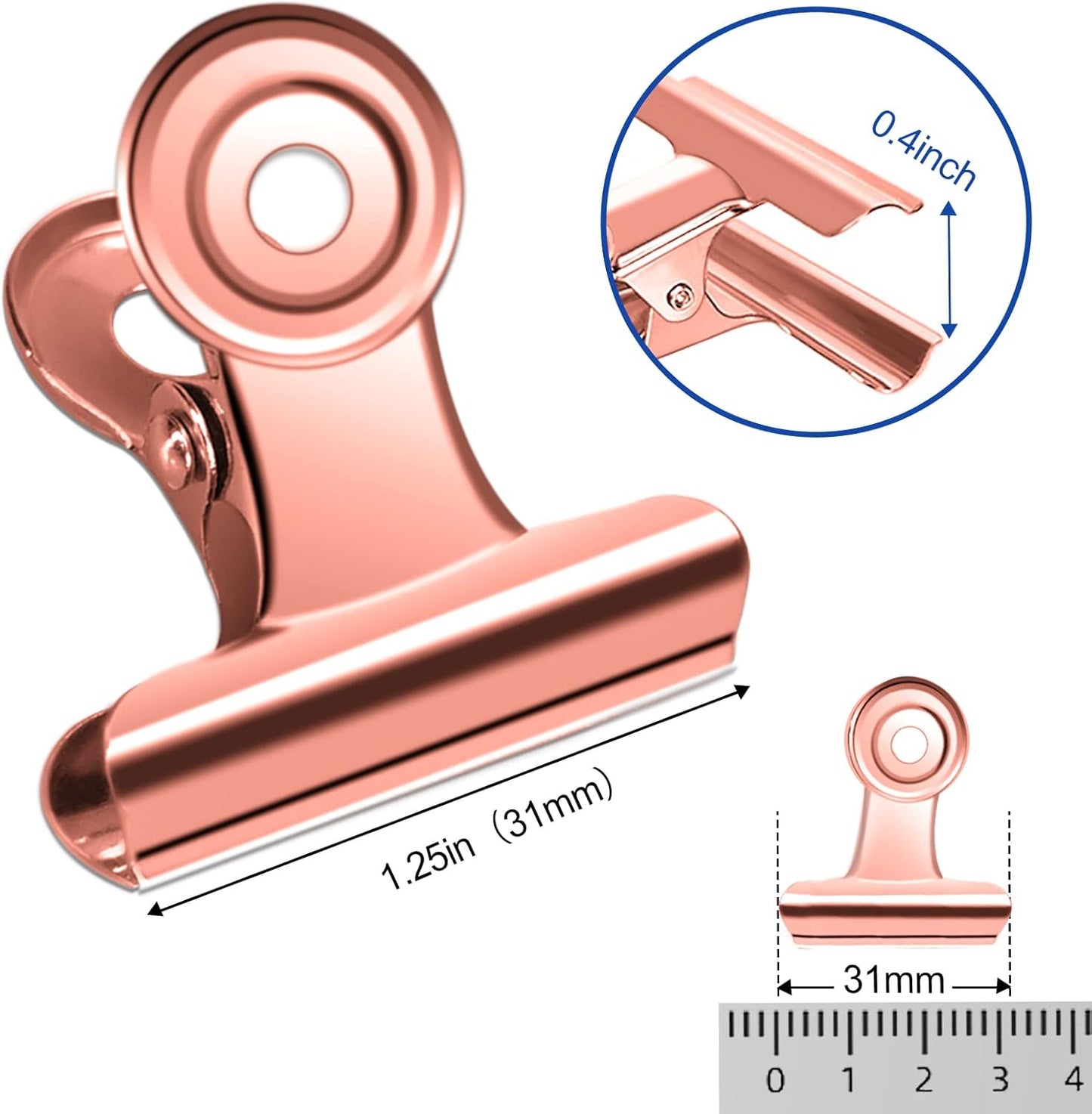 30 Pack Small Rose Gold Bull Clips, 1.22 Inch Mini Metal Hinge Clips for Office, Home, School, Shops