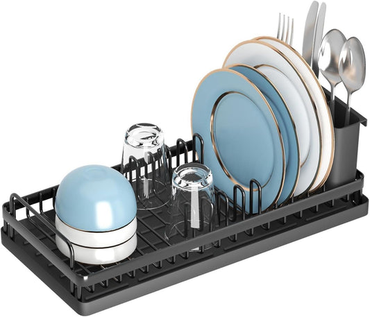Small Dish Drying Rack, Compact Sink Dish Drainer Plate Rack Organizer with Utensil Holder and Silicone Drying Mat for Kitchen Counter, RVs, Apartments