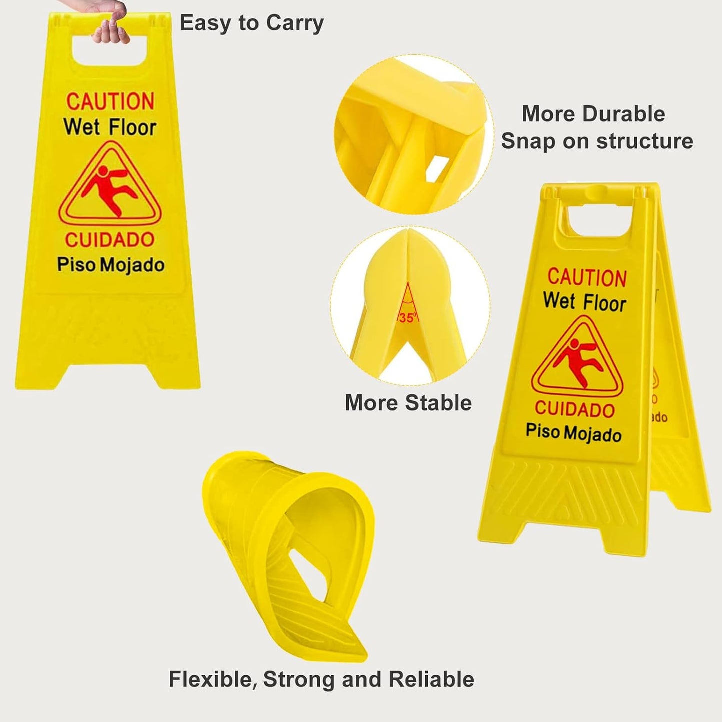 6-Pack Caution Wet Floor Signs | Foldable Sturdy Double-Sided Bilingual Saftey Warning Signs | Cuadado Piso Mojado| Avoid Fall & Slip Accident | Bright Yellow