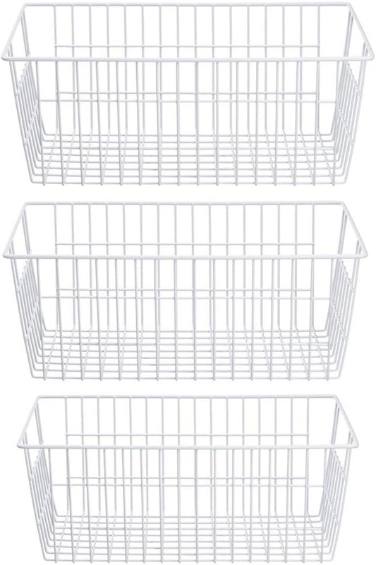 SANNO Freezer Baskets Wire Storage Baskets Closet Storage Baskets Bins Refrigerator Storage Containers for Home Office, Bathroom, Pantry Organization Storage Bins -Set of 3, White, 15.7"