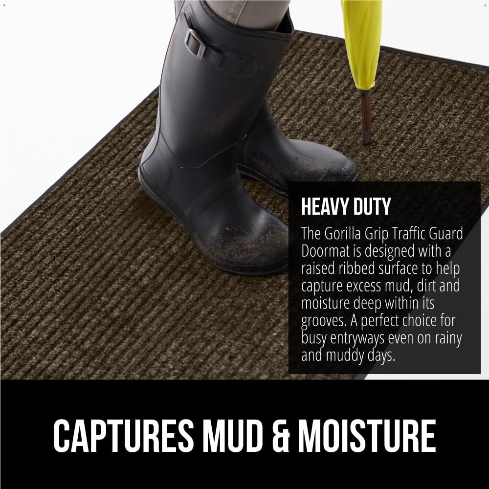 GORILLA GRIP Traffic Guard Door Mat, 60x36, Heavy Duty Welcome Mats, Commercial Office Space Doormat, Waterproof, Fade Resistant, Strong Rubber Backing, Low Profile, Shoe and Boot Scraper, Brown