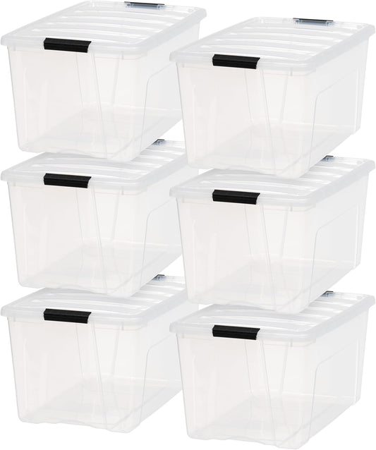 IRIS USA 72 Qt Stackable Plastic Storage Bins with Lids, 6 Pack - BPA-Free, Made in USA - See-Through Organizing Solution, Latches, Durable Nestable Containers, Secure Pull Handle - Clear