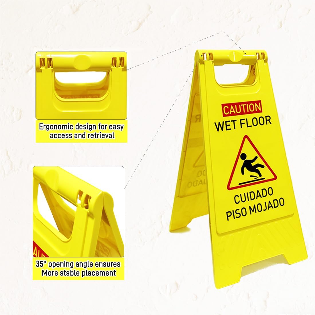4-Pack Caution wet floor sign,24 in. (approx. 60 cm) Height,Bright Yellow Double-Sided Folding A-Shaped Frame Design, Bilingual Caution Message