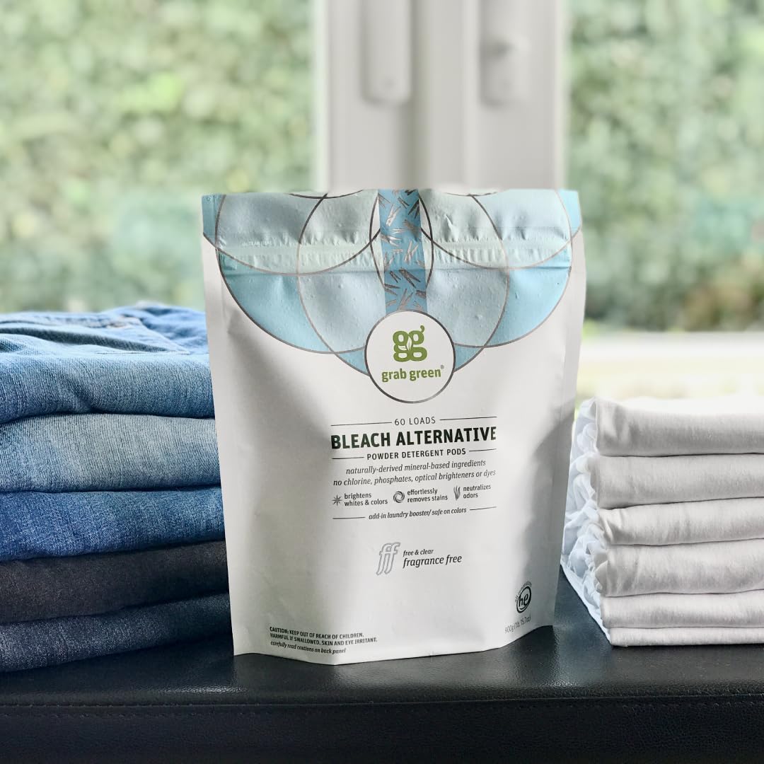 Grab Green Bleach Alternative Pods, 24 Count, Chlorine Free, Fragrance Free, Plant and Mineral Based, Laundry Booster to Brighten Whites, Removes Stains, Neutralizes Odors