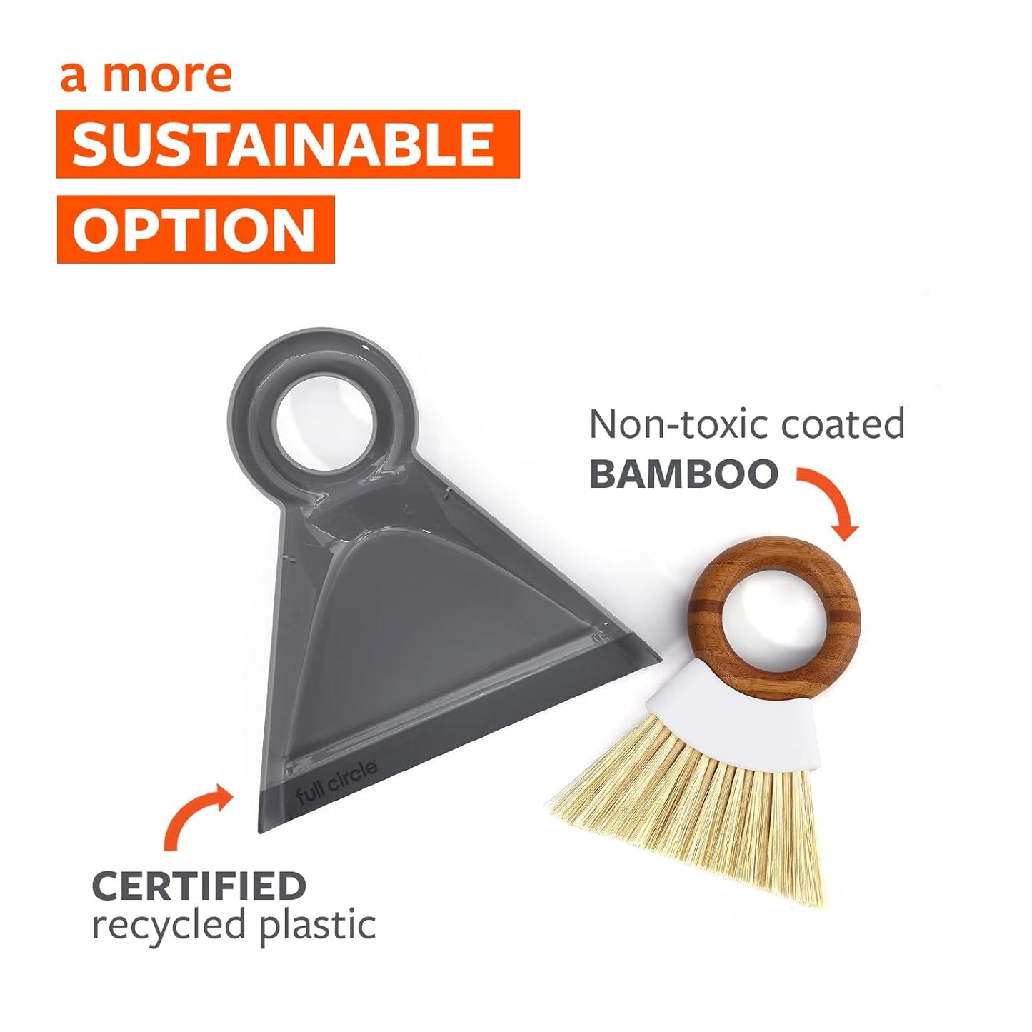 Full Circle Tiny Team Mini Compact Brush & Dustpan Set, Portable Handheld Broom for Quick Cleanups, Ideal for Home, Bathroom, Kitchen Countertops. Bamboo Hand Broom & Small Crumb Sweeper, White