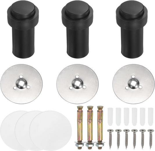 PATIKIL 3Set Round Door Stoppers, 80mm Stainless Steel Door Stop Doorstop Wedge Metal Cylinder Self Adhesive with Screw for Bottom of Door Floor Inside, Black