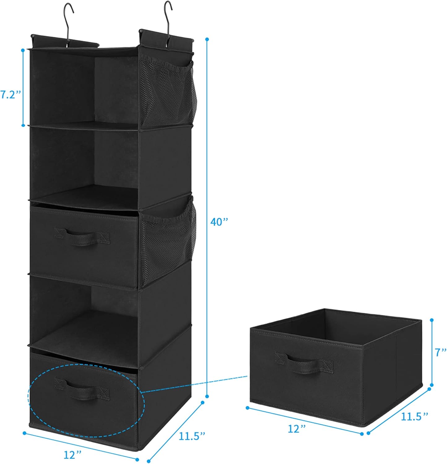 MAX Houser 5 Tier Shelf Hanging Closet Organizer, Cloth Hanging Shelf with 2 Sturdy Hooks for Storage, Foldable (Black-D2)