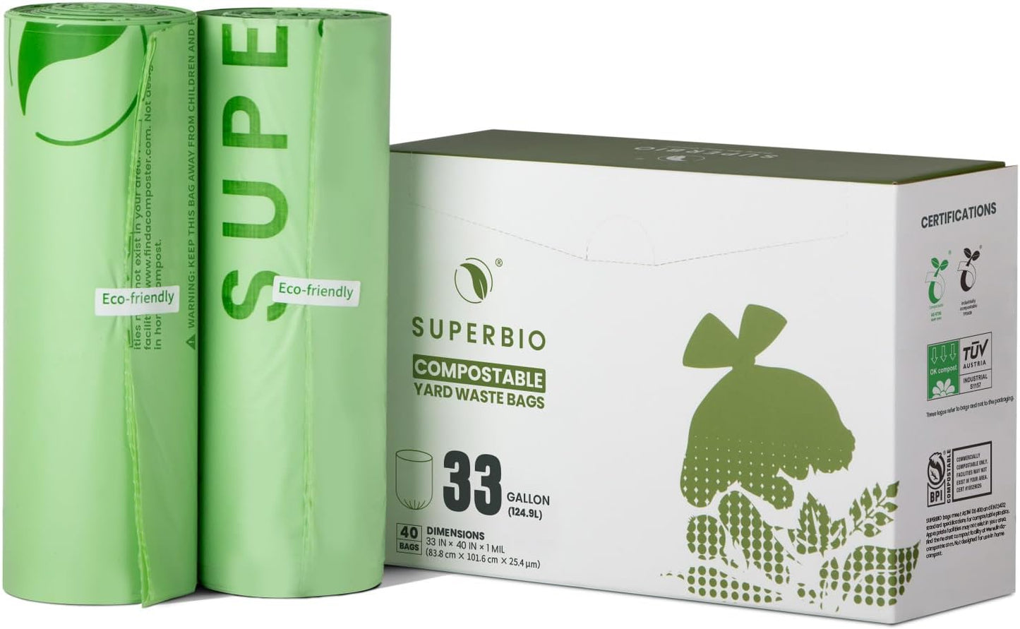 SUPERBIO 33 Gallon Compostable Yard Waste Bags, Lawn & Leaf Bags, 40 Count, ASTM D6400, BPI and OK compost INDUSTRIAL