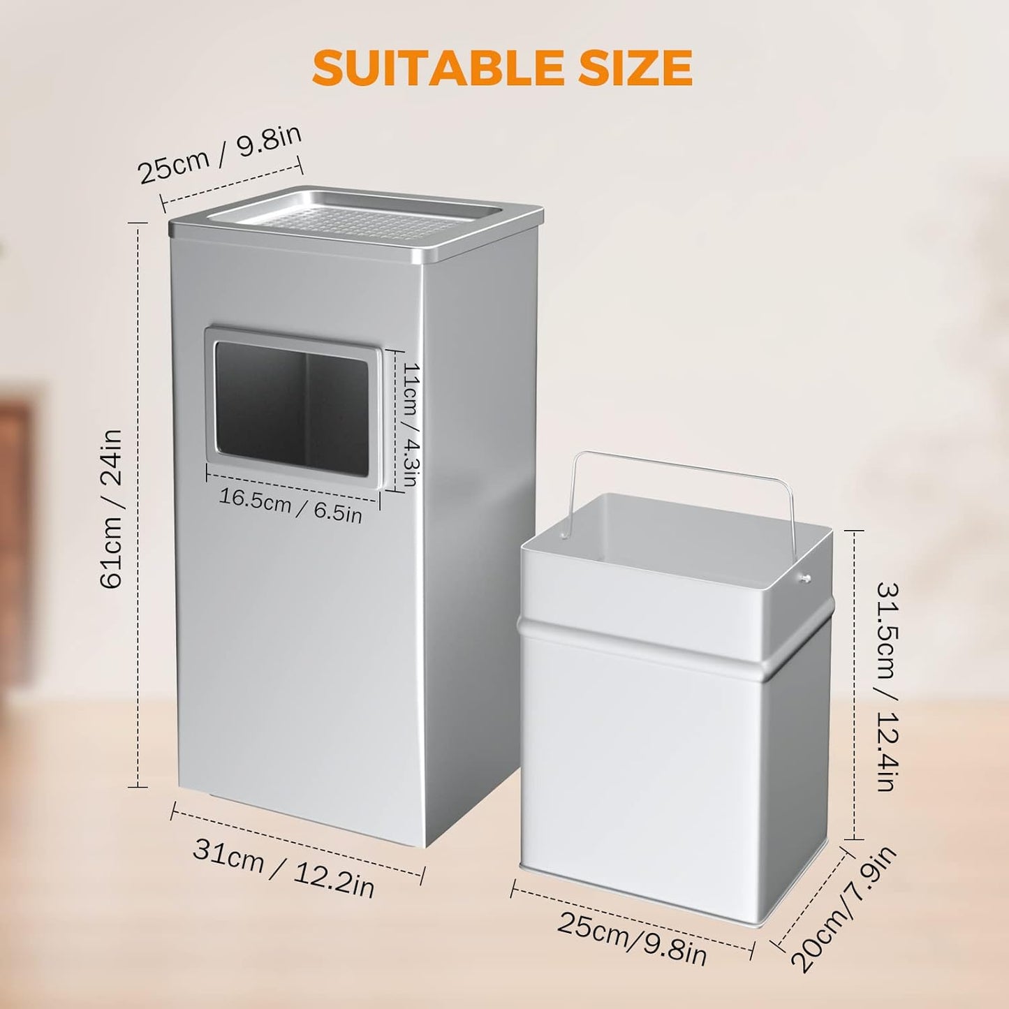 BEAMNOVA Trash Can Indoor Outdoor Metal Stainless Steel Commercial Garbage Can Industrial Garbage Enclosure Inside Cabinet with Lid Waste Container, Color Metallic, 31*25*61 cm / 12.2*9.8*24 in