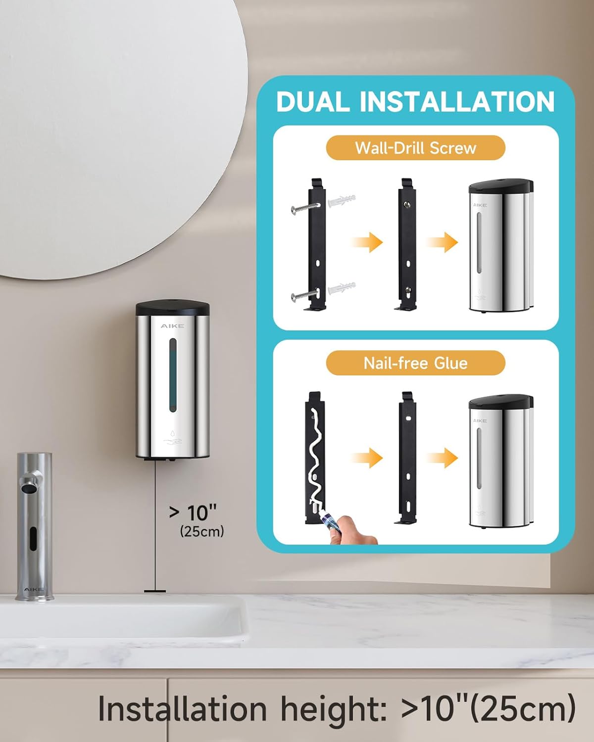 AIKE Automatic Wall Mount Liquid Soap Dispenser, Commercial Stainless Steel with 25oz Large Capacity Save Time Effort and Cost,Model AK1205 (Polished)