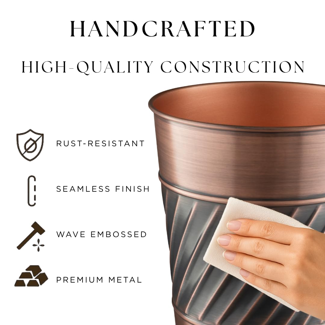 Monarch Abode Metal Wastebasket Trash Can, Handcrafted, Wave Embossed, Bathroom Decor, Antique Copper Finish