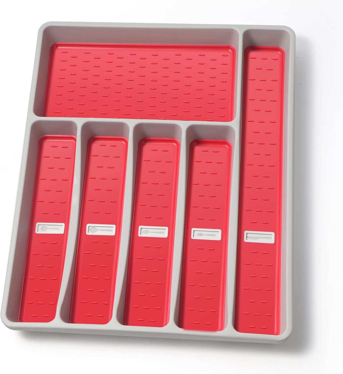 Silverware Organizer with Cutlery Icons，Silverware Tray for Kitchen Drawer，Plastic Flatware Tableware Cultery Drawer Organizer Utensil Organizer with Non-slip TPR Linings，6-Compartment