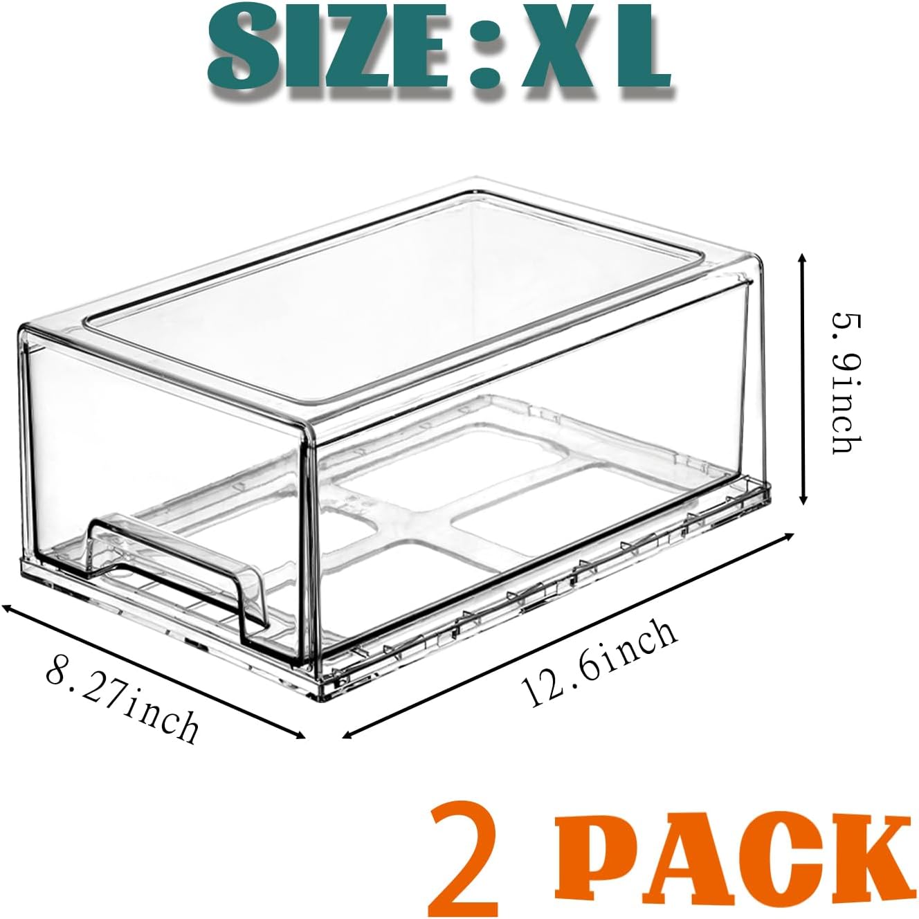 PeJeyiee Clear Stackable Refrigerator Organizers and Storage Drawers - Pull-Out Fridge Bins with Anti-Slip Base & Easy Clean, Plastic Organizers for Kitchen Pantry Cabinet Closet ﻿ (2XL)