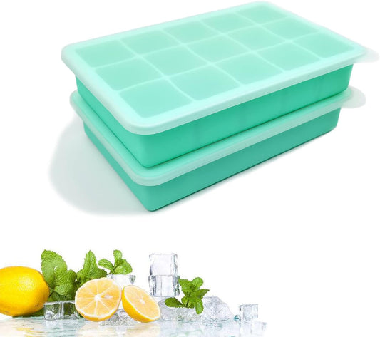 2 Pack Silicone Ice Cube Trays, Easy Release Flexible-15 Cubes Ice Cube Molds,Silicone Ice Cube Molds with Removable Lids for Cocktail, Whiskey, Baby Food, Chocolate-Reusable (Mint Green)