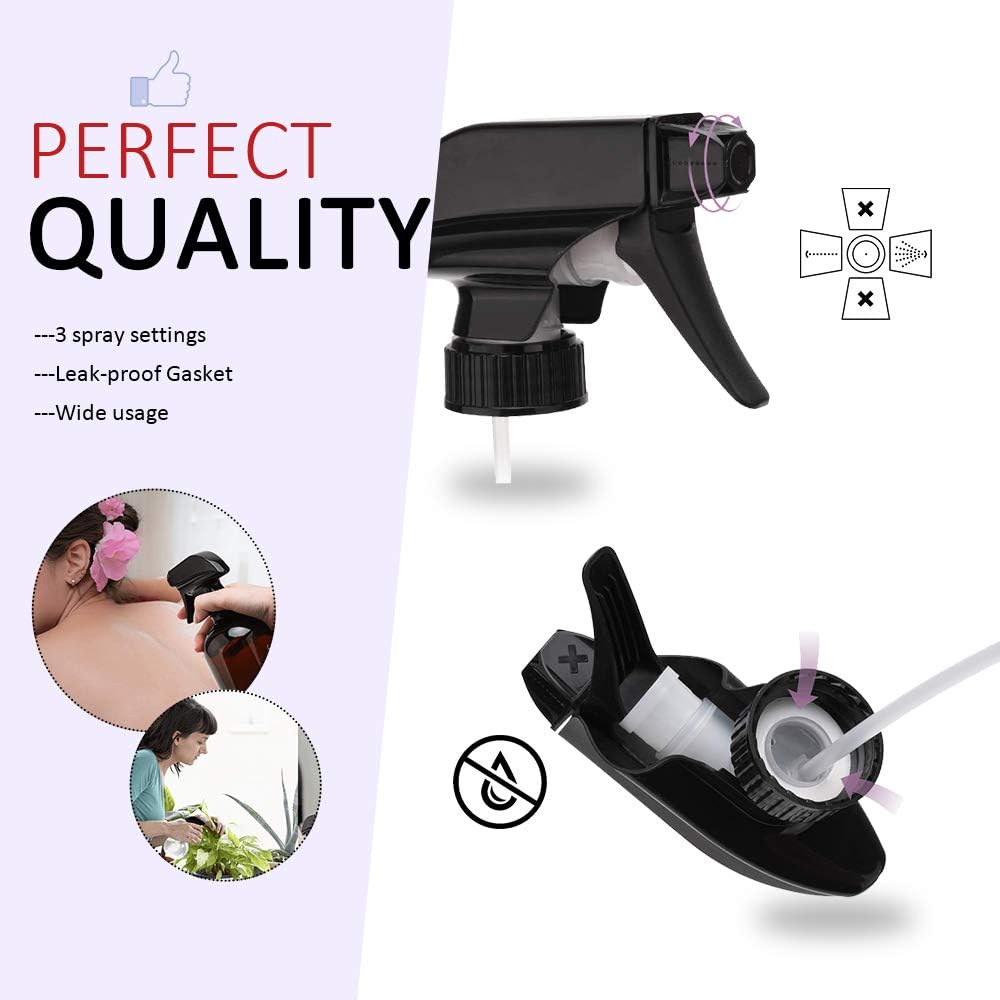 AMORIX 50PCS Spray Bottle Tops Black Trigger Sprayer Heavy Duty Replacement Nozzle with Mist Spray & Stream Sprayer, Fits Standard 28/400 Neck Bottles + Tag Label Stickers