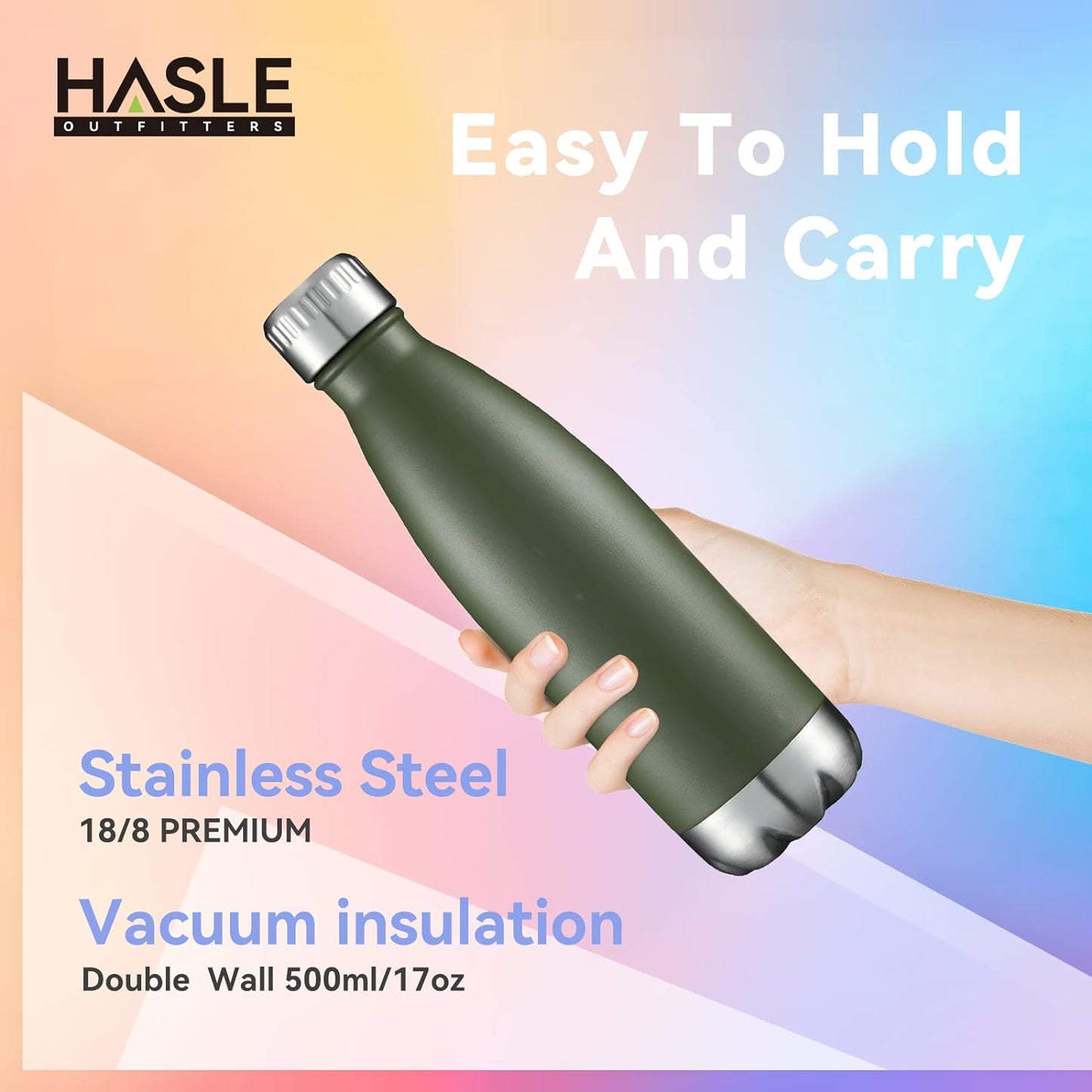 HASLE OUTFITTERS 17oz Stainless Steel Water Bottles Bulk, Vacuum Insulated Double Walled Powder Coated Reusable Metal Sports Water Bottles Keep Drinks Hot and Cold, ArmyGreen, 8Packs