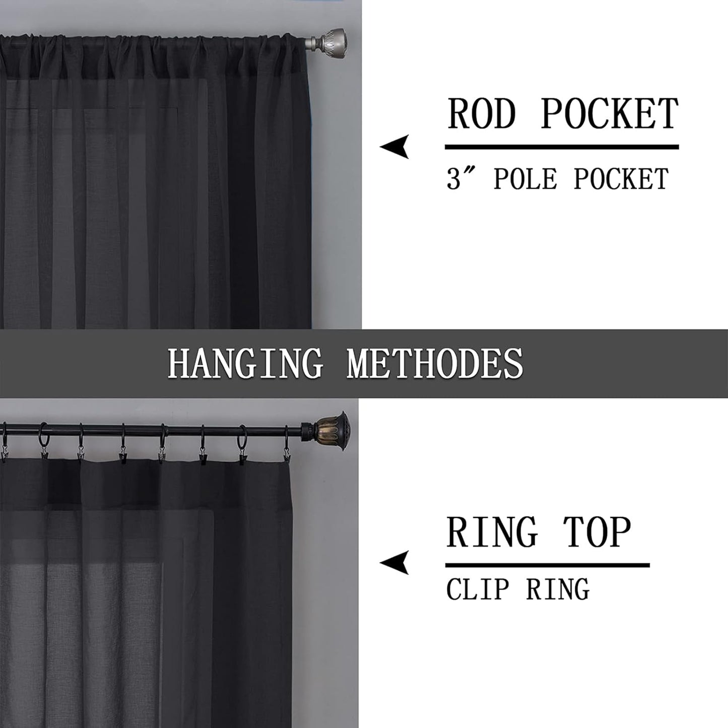 Tollpiz Sheer Tier Curtain Linen Textured Half Kitchen Curtains Sheer Light Filtering Rod Pocket Voile Small Curtains for Bathroom, 25 x 36 inches Long, Black, Set of 2 Panels