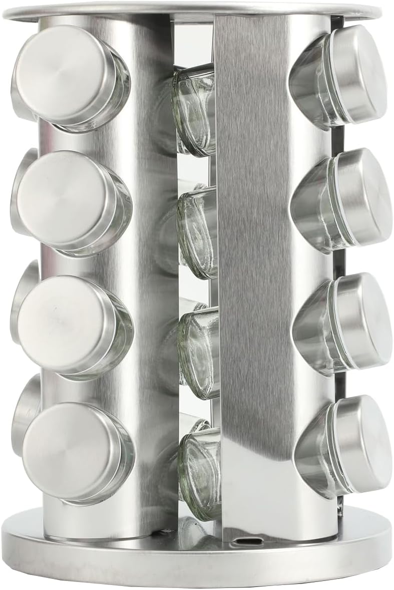 Spice Rack, Spice Rack Organizers for Countertop, Rotating Countertop Spice Rack, Revolving Spice Rack for Kitchen, Kitchen Gadgets, Organizer Rack with Spice Jars (Silver, RoundHead_16Jars)