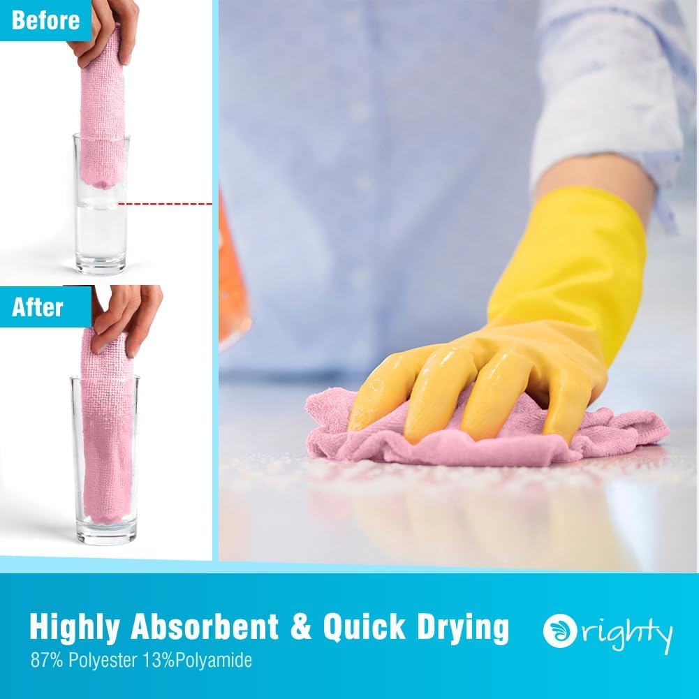 Orighty Microfiber Cleaning Cloth, 24 Pack Highly Absorbent Cleaning Supplies, Reusable Clean Rags for House, Microfiber Cloth for Kitchen, Window, Car Care, 11.5x11.5 inch Pink