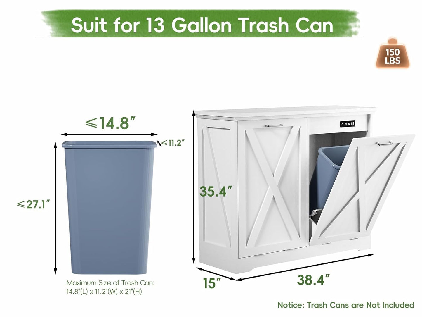 Betterhood TOLEAD Tilt Out Trash Can Cabinet, Hidden Trash Bin with Deodorizing & Negative Ion System, Pet-Proof Kitchen Waste Cabinet for Kitchen, Dining Room, Living Room (White, 2 * 13 Gallons)