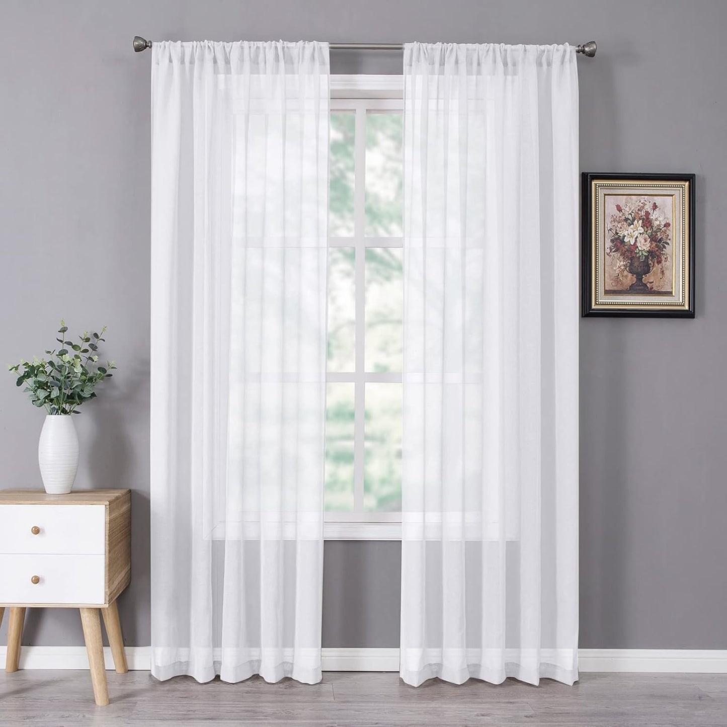 Tollpiz Sheer Curtains Linen Textured Bedroom Curtain Sheers Light Filtering Rod Pocket Voile Curtains for Living Room, 54 x 84 inches Long, White, Set of 2 Panels