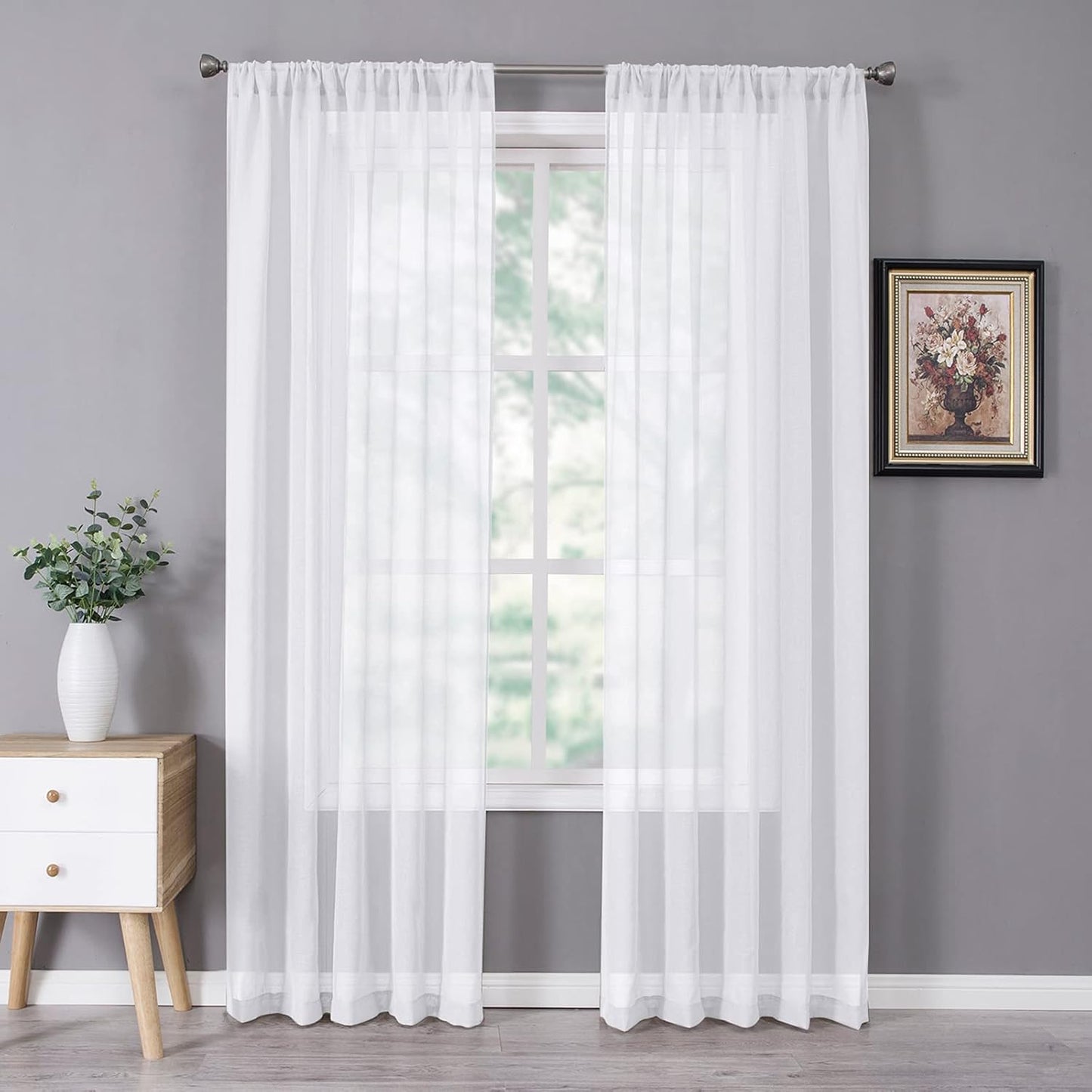 Tollpiz Sheer Curtain Linen Textured Bedroom Curtains Sheer Light Filtering Rod Pocket Voile Curtain for Living Room, 54 x 95 inches Long, White, Set of 2 Panels
