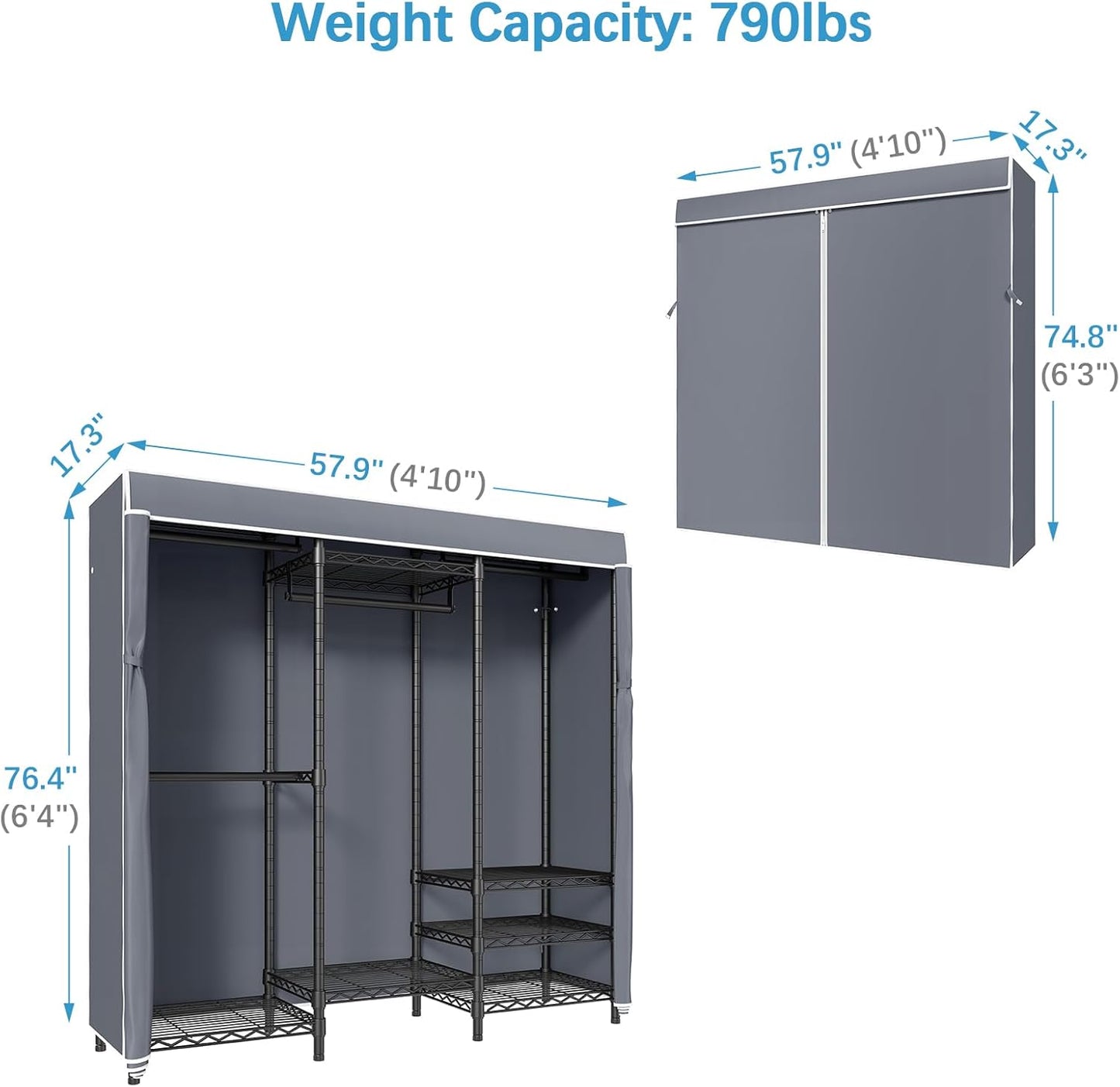 VIPEK V5C Covered Clothes Rack Heavy Duty Portable Closet Wardrobe, Freestanding Black Metal Clothing Rack with Grey Oxford Fabric Cover, Adjustable Custom Closet Rack, 57.9" Lx17.3 Wx76.4 H (Medium)