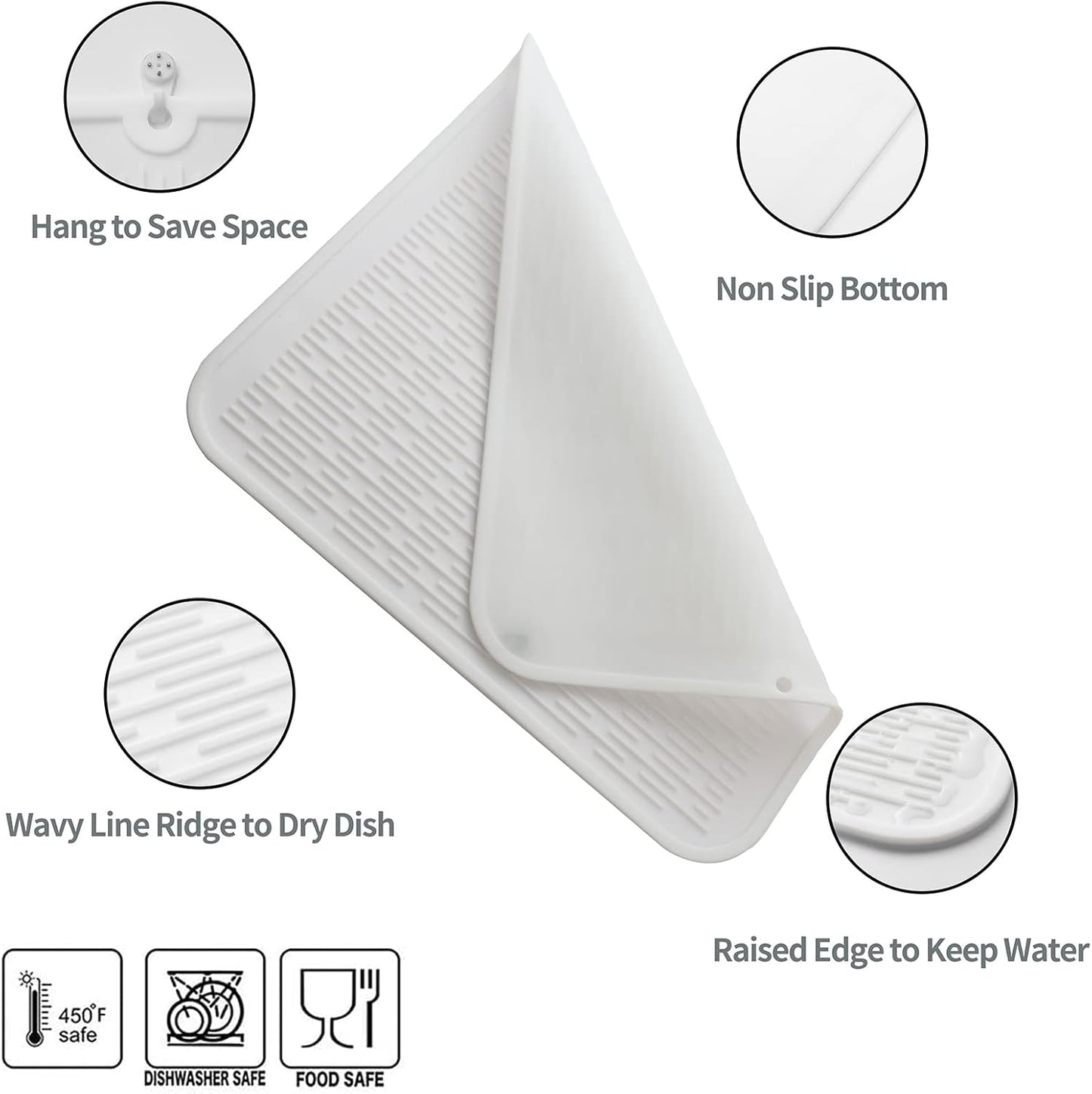 Silicone Dish Drying Mat for Multiple Usage,Easy clean,Eco-friendly,Heat-resistant Silicone Mat for Kitchen Counter or Sink,Refrigerator or Drawer Liner White 2XL 24 inches x 18 inches