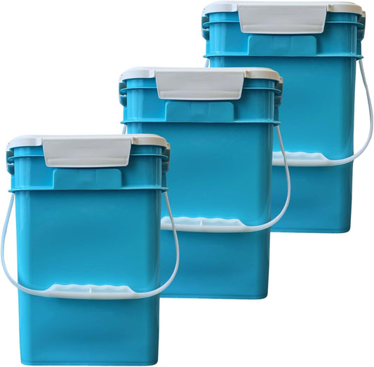House Naturals 4 Gallon Square Food Grade Bucket Pail with Plastic Handles and Lid (Pack of 3) Made in USA containers (Aqua-White lids)
