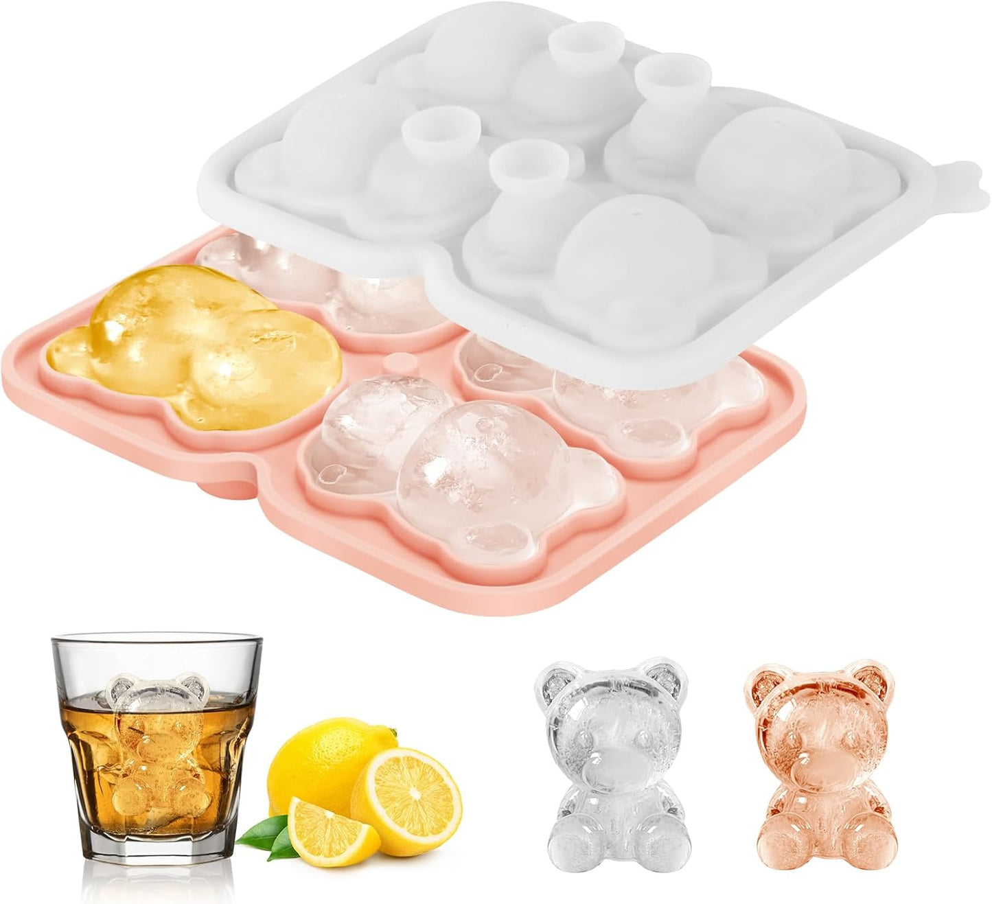 Silicone Ice Cube Tray,Bear 3D Large Ice Cube Molds for Whiskey,Cocktails,Wine,Juice and Bourbon,4 Big Cute Animal Ice Trays for Freezer with Lid Easy-Release BPA Free(Bear)