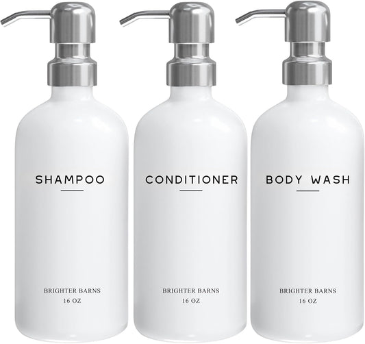 White Shampoo and Conditioner Dispenser Set by Brighter Barns - Shower Dispenser for Bathroom - Refillable Plastic Shampoo Bottle & Stainless Steel Pump - Shampoo Dispenser for Vacation Rental (White)