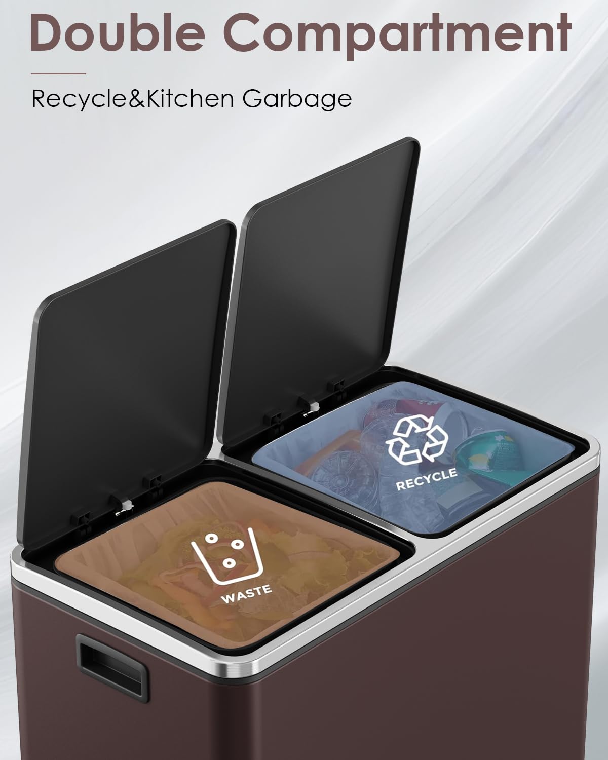Arlopu 16 GallonStainless Steel Trash Can, 60L Dual Compartment, Metal Kitchen Step Recycle Bin, Metal Double Dustbin, in-Home Garbage Rubbish Can W/Removable Liner Buckets (Brown)