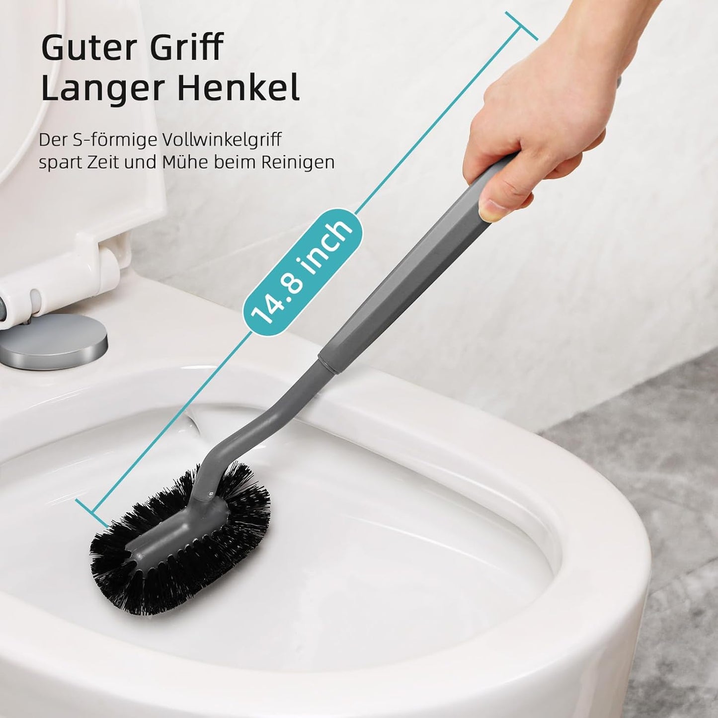 HAMITOR Toilet Bowl Brush Holder Set: Bathroom Deep Cleaning Toilet Cleaner Scrubber Under Rim with Curved Bristle for Dead Corner Clean - Hidden Rv Toilet Decorative Accessories with Caddy- Gray