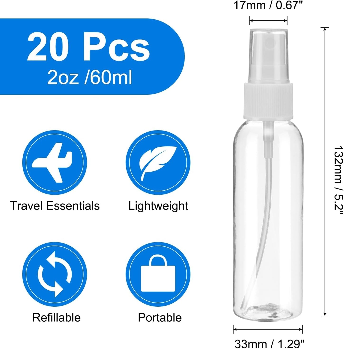 uxcell 20Pack Spray Bottles, 2Oz/60ML Clear Empty Mist Plastic Mini Travel Bottle Set,Small Refillable Liquid Containers for Household Use, Essential Oil, Cleaning (Transparent White)