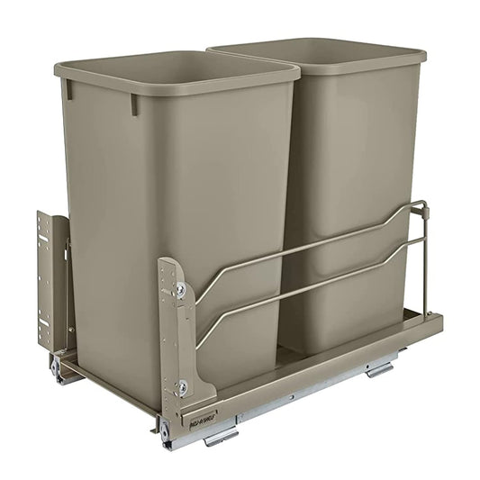 Rev-A-Shelf Double Pullout Trash Can for Base Kitchen Cabinets 27 Quart 12.5 Gallon with Soft-Close Slides, Champagne, 53WC-1527SCDM-212