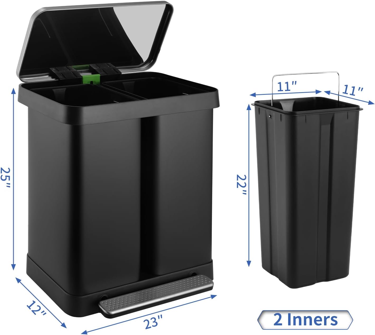 16 Gallon Dual Compartment Trash Can, Hands-Free Recycling Rectangular Garbage Bin, Stainless Steel Step-On Dustbin with Soft-Close Lid, Removable Inner Buckets, for Kitchen Home