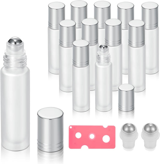 12 Pack Essential Oil Roller Bottles,10ml 0.34oz Empty Frosted Glass Roller Bottles with Stainless Steel Roller Balls and Caps Refillable Container for Perfume Roll on Bottles (12 Pack Silver Caps)