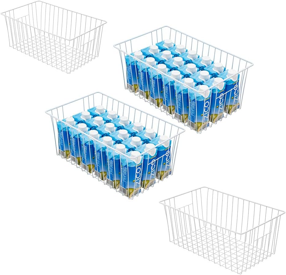 Upright Freezer Organizer Bins， Freezer Baskets for 16, 17, 21 cu.ft Standup Freezer, Wire Storage Baskets with Built-in Handles, 4Pcs , White