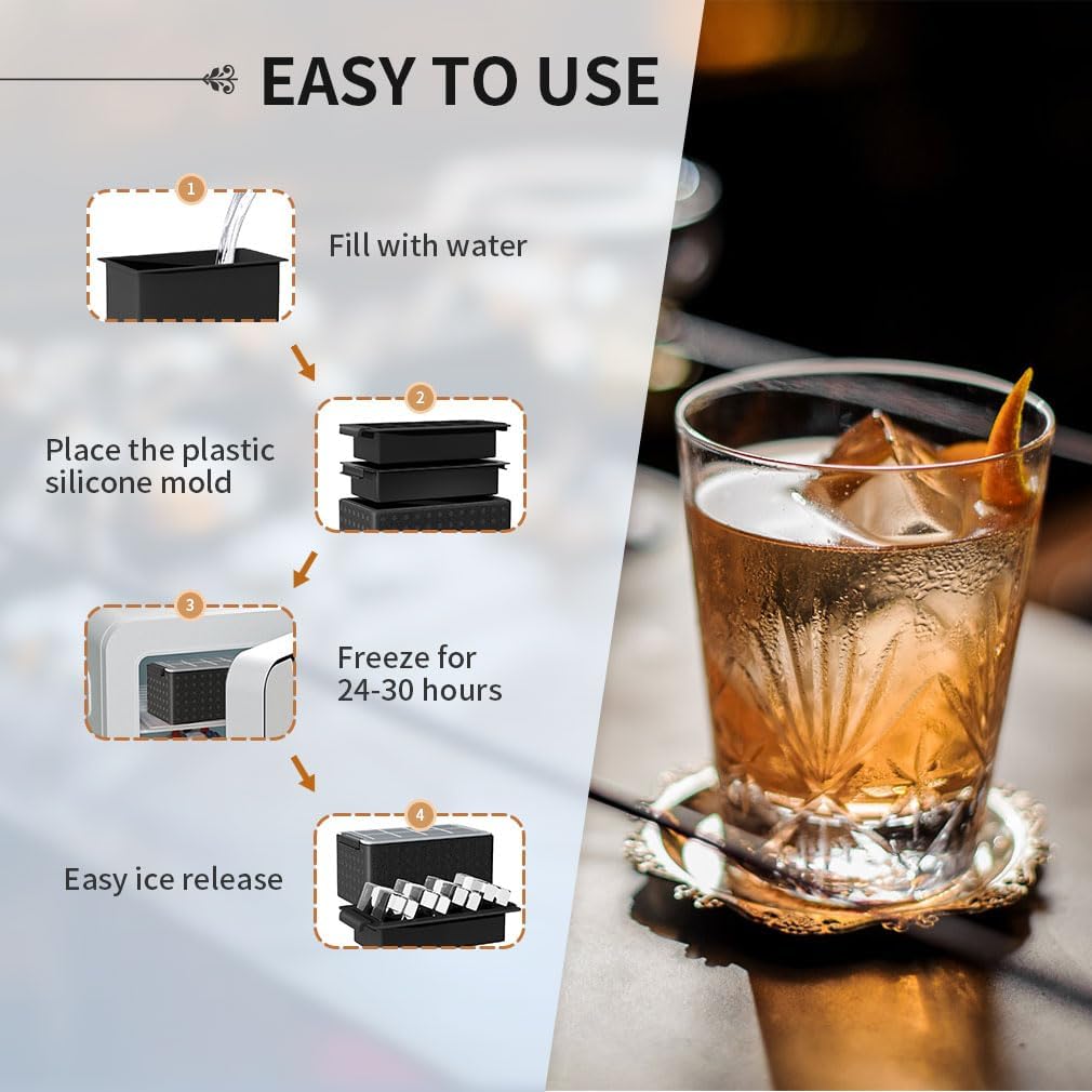 Clear Ice Cube Tray for Whiskey: FDDBI 2Inch Clear Ice Cube Maker - Silicone Large Ice Cube Tray - Square Ice Tray for Bourbon Old Fashioned Whisky