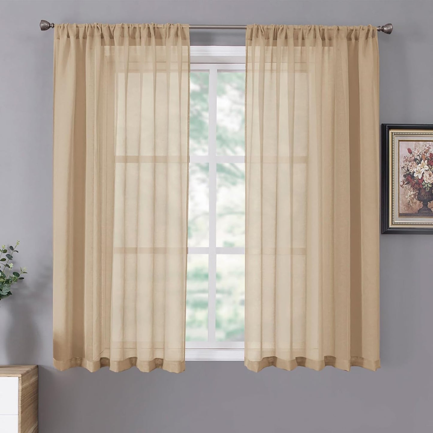 Tollpiz Sheer Curtains Linen Textured Living Room Curtain Sheers Light Filtering Rod Pocket Voile Curtains for Bedroom, 42 x 63 inches Long, Beige, Set of 2 Panels