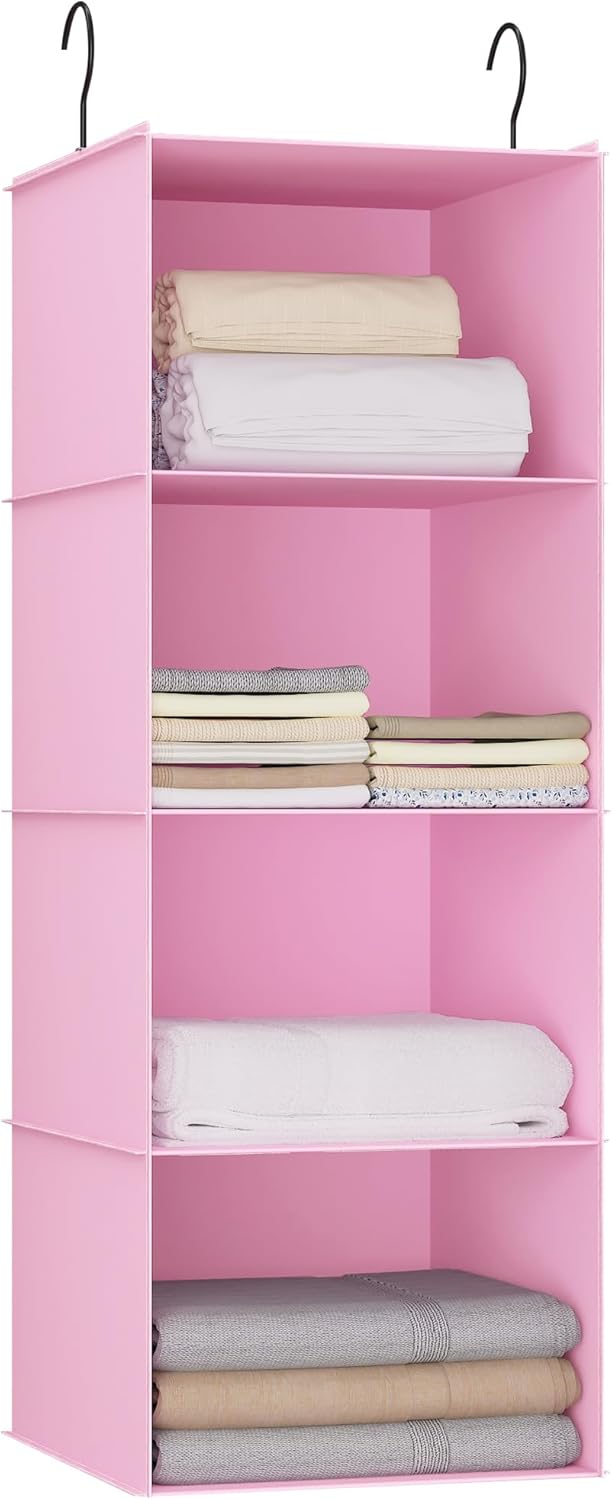 Hanging Closet Organizer, Easy Mount Foldable 4-Shelf Hanging Closet Wardrobe Storage Shelves, Clothes Handbag Shoes Accessories Storage, Washable Oxford Cloth Fabric, Pink