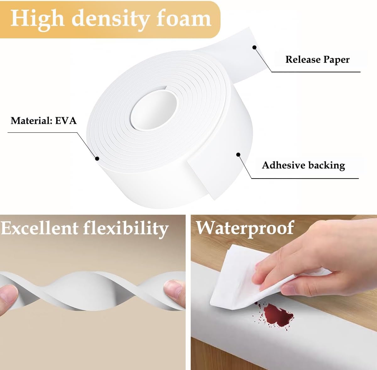 Weather Stripping Door Seal White,2Inch Wide X 1/4 Inch Thick,Air Conditioner Window Seal,Self Adhesive Foam Tape High Density Foam Sealing Strip,Soundproof Foam Tape Roll,Total 16.4 Feet Long