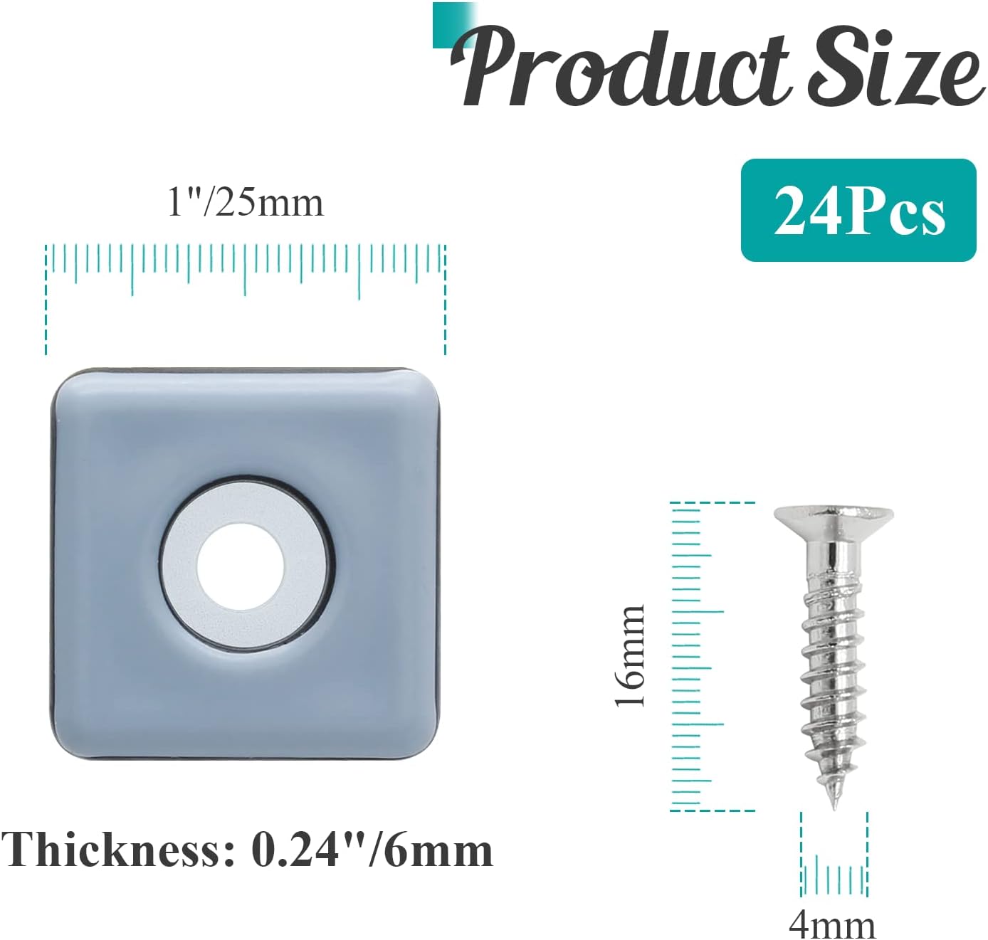 24pcs 1" (25mm) Screw on Furniture Sliders, Teflon Chair Leg Slides, Square Furniture Glides with Screws for Hardwood Floors Protectors (Gray/Black)